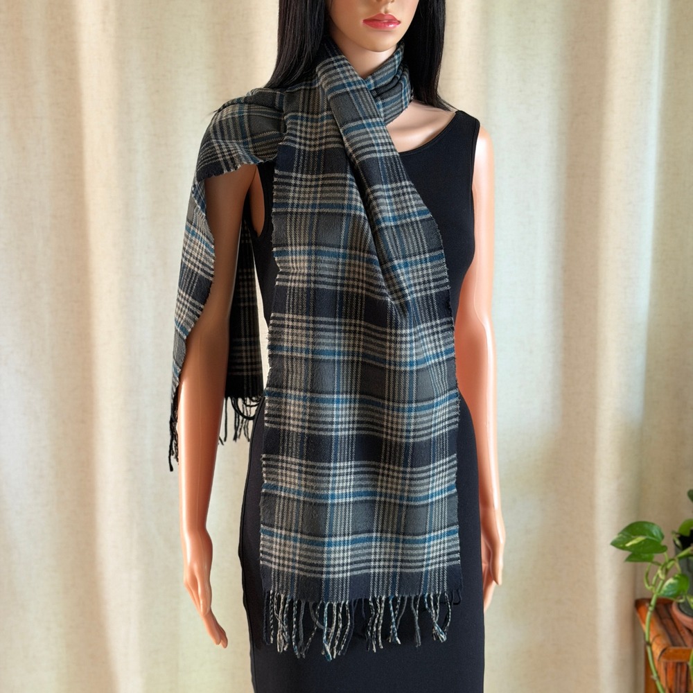 D&Y Softer Than Cashmere Plaid Scarf Navy Blue Grey Teal Fringe Unisex Winter